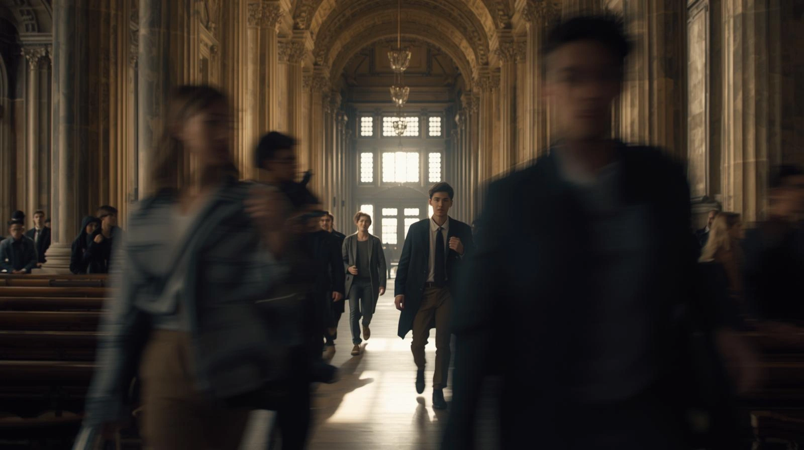 Students walk through a large university hall with tall columns and arched ceilings. A student in focus walks toward the camera while people in the foreground are intentionally blurred, conveying the fast pace of campus life.